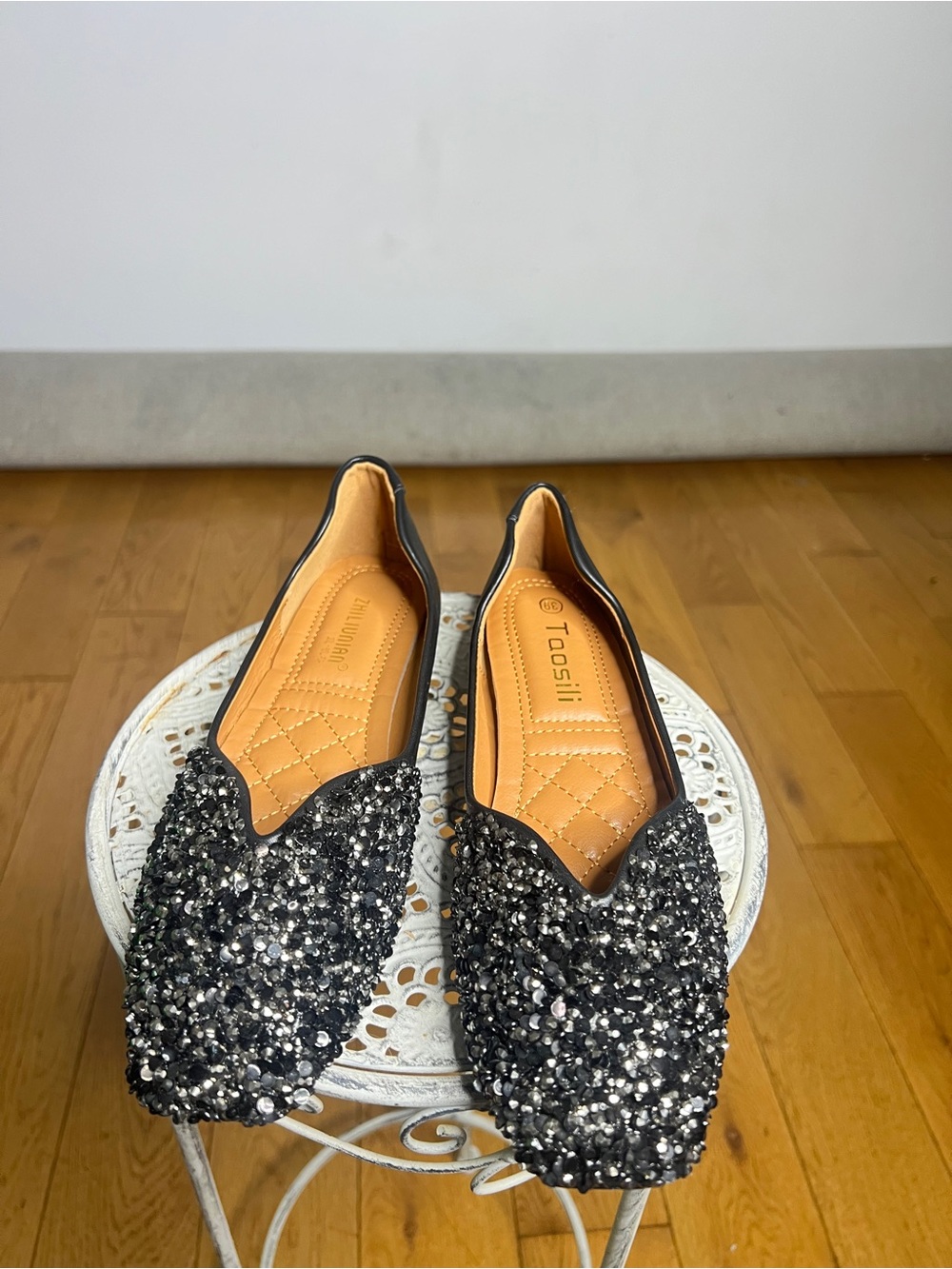 Sequin Embellished Black Slip-On Flats